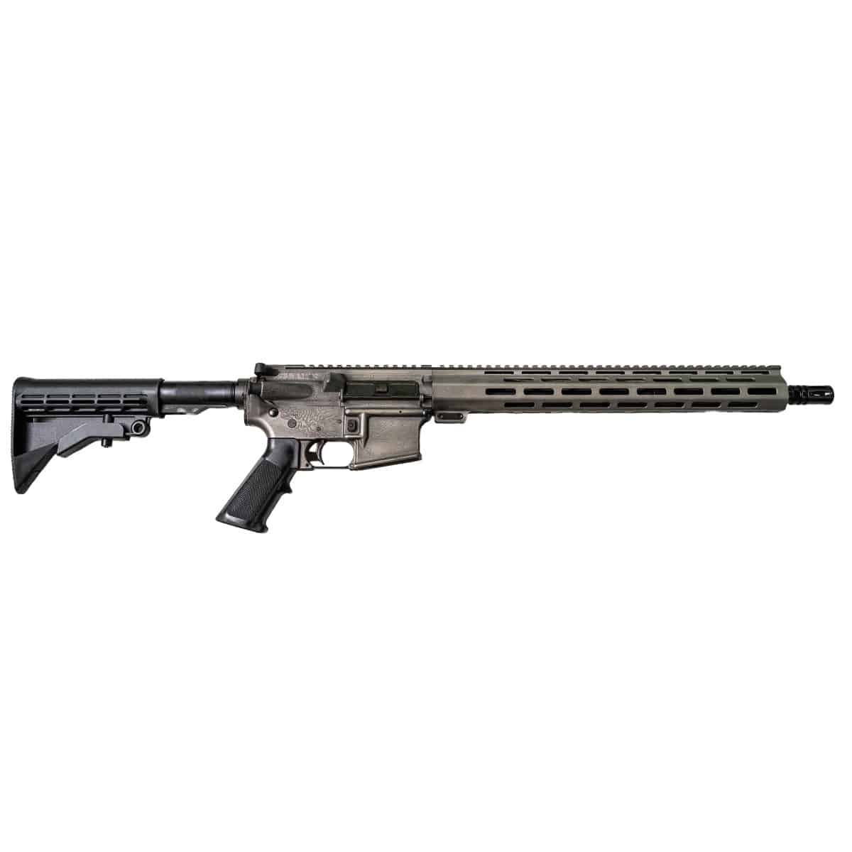 American-made rifle with a weathered grey finish, featuring a modular handguard, adjustable stock, and reliable construction for enthusiasts.