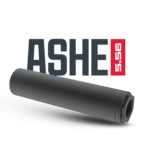 A matte black ASHE 5.56 firearm suppressor featuring durable American craftsmanship, shown against a clean white background with the brand logo.