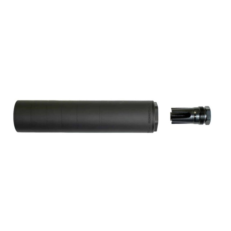 One Horse Ryn .30 cal suppressor next to its Pike 3 Prong flash hider, on a white background