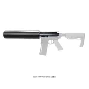 Black suppressor attached to a firearm upper receiver, showcasing sleek design and craftsmanship. Firearm not included.