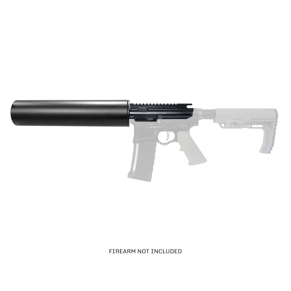 Black suppressor attached to a firearm upper receiver, showcasing sleek design and craftsmanship. Firearm not included.