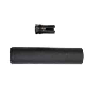 One Horse titanium suppressor and Plan B flash hider on a white background