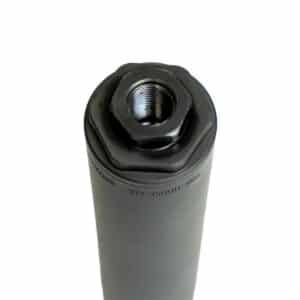 Close-up of a black suppressor featuring a hexagonal end and threaded opening, showcasing durable construction.