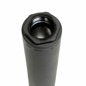 Close-up of a black suppressor showcasing its threaded end and durable construction, designed for reliability in firearms.