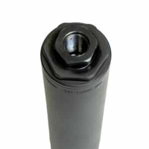 A matte black One Horse LLC firearm suppressor, showing the threaded mounting end with a durable, high-quality finish for reliable performance.