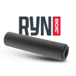 A matte black RYN 308 firearm suppressor positioned below its logo, showcasing durable American-made craftsmanship for reliable performance.