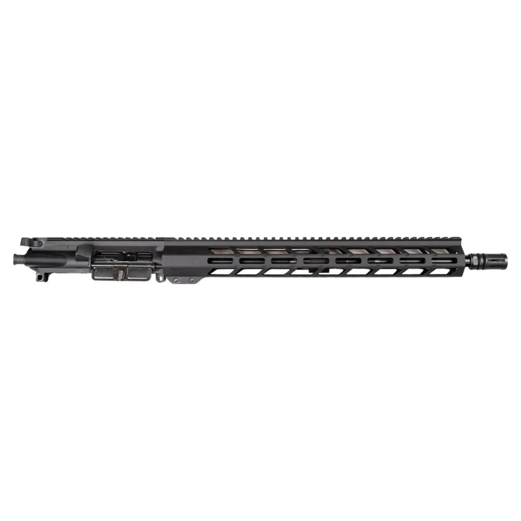 A black, American-made AR-15 complete upper receiver featuring a lightweight M-LOK handguard and a reliable barrel with a tactical muzzle device.