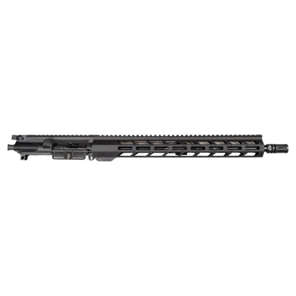 A black, American-made AR-15 complete upper receiver featuring a lightweight M-LOK handguard and a reliable barrel with a tactical muzzle device.