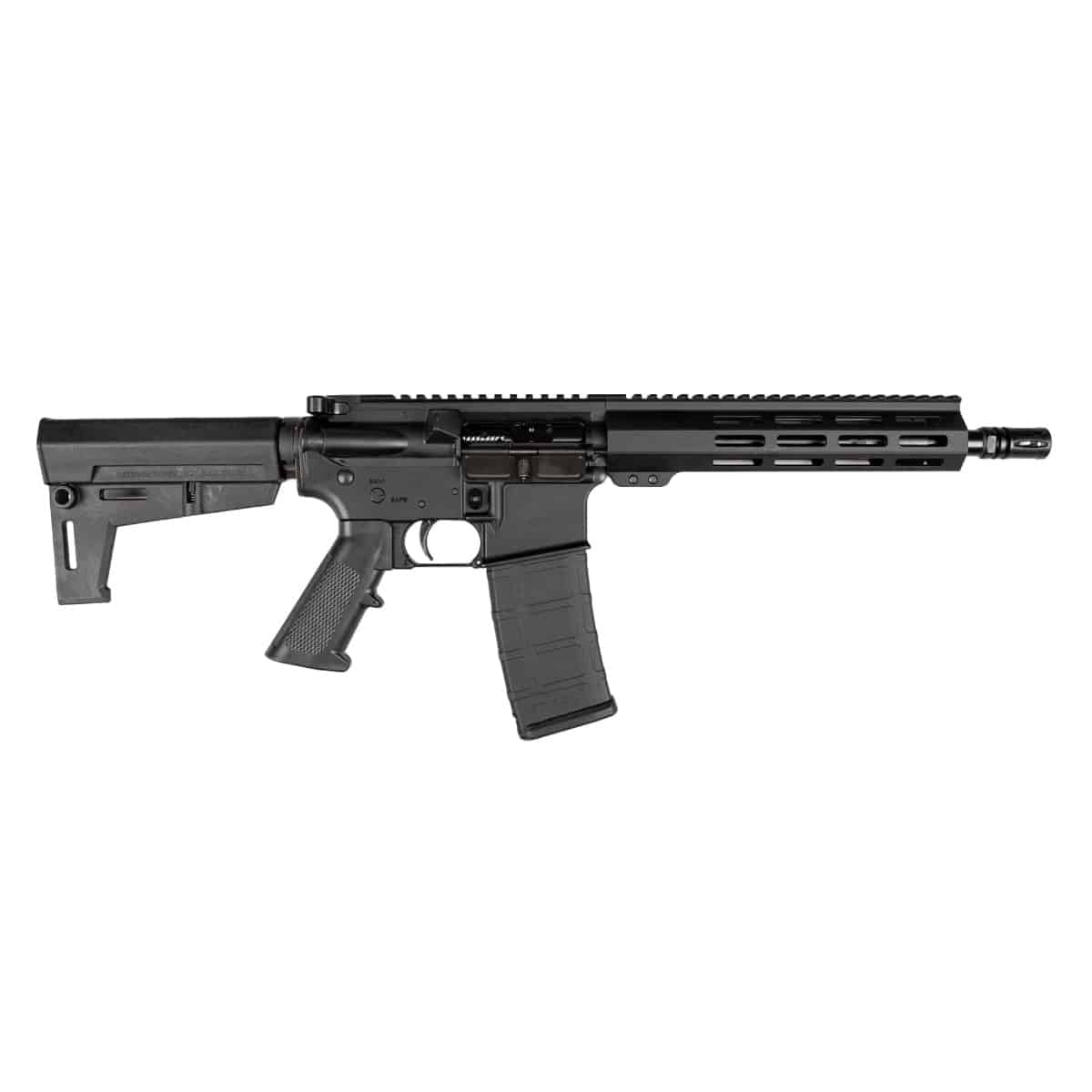 A reliable American-made black AR-style pistol featuring a modular handguard, synthetic grip, and adjustable brace on a clean white background.