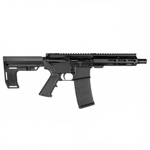 A reliable American-made black AR-style pistol featuring a modular handguard, textured grip, and a polymer magazine against a white background.