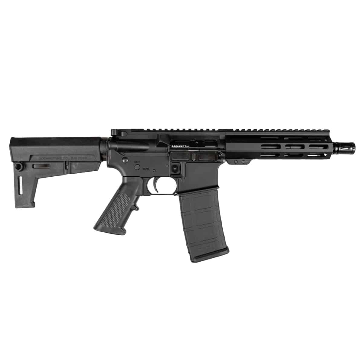 A black American-made AR-style pistol featuring a modular handguard, polymer magazine, and adjustable stabilizing brace against a white background.