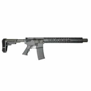 A black American-made AR-style pistol featuring a modular handguard and polymer magazine for reliable performance.