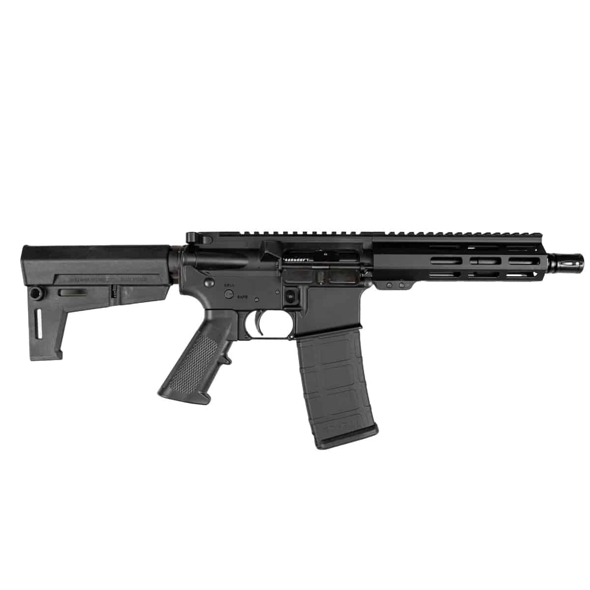 A black American-made AR-style pistol featuring a modular handguard, polymer grip, and adjustable stock, showcasing reliable, high-quality design.