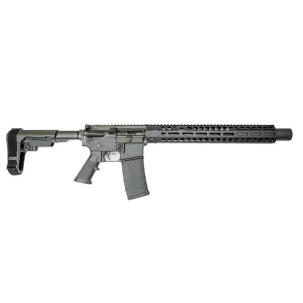A black American-made AR-style pistol featuring a modular handguard, polymer magazine, and adjustable stabilizing brace for reliable performance.