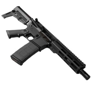 A black American-made AR-style pistol featuring a durable M-LOK handguard and a reliable PMAG 30 magazine against a white background.