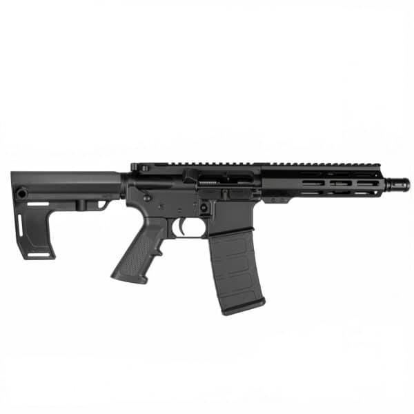 A reliable, American-made black AR-style pistol featuring a compact handguard, textured grip, and a sturdy polymer magazine against a white background.