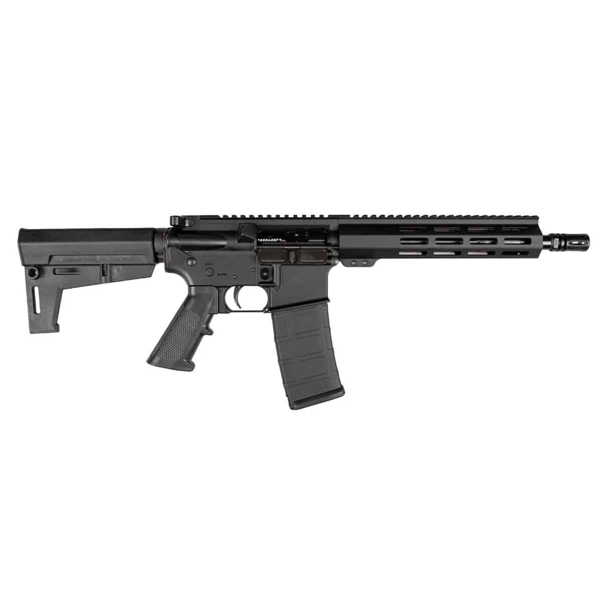 A reliable American-made black AR-style rifle featuring a modular handguard, polymer magazine, and adjustable stock, isolated on a white background.