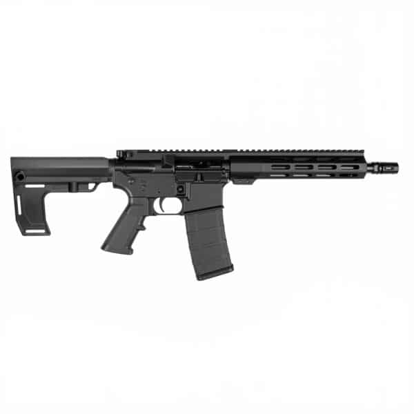 A reliable American-made black AR-style rifle featuring a modular handguard, adjustable stock, and high-capacity magazine against a white background.
