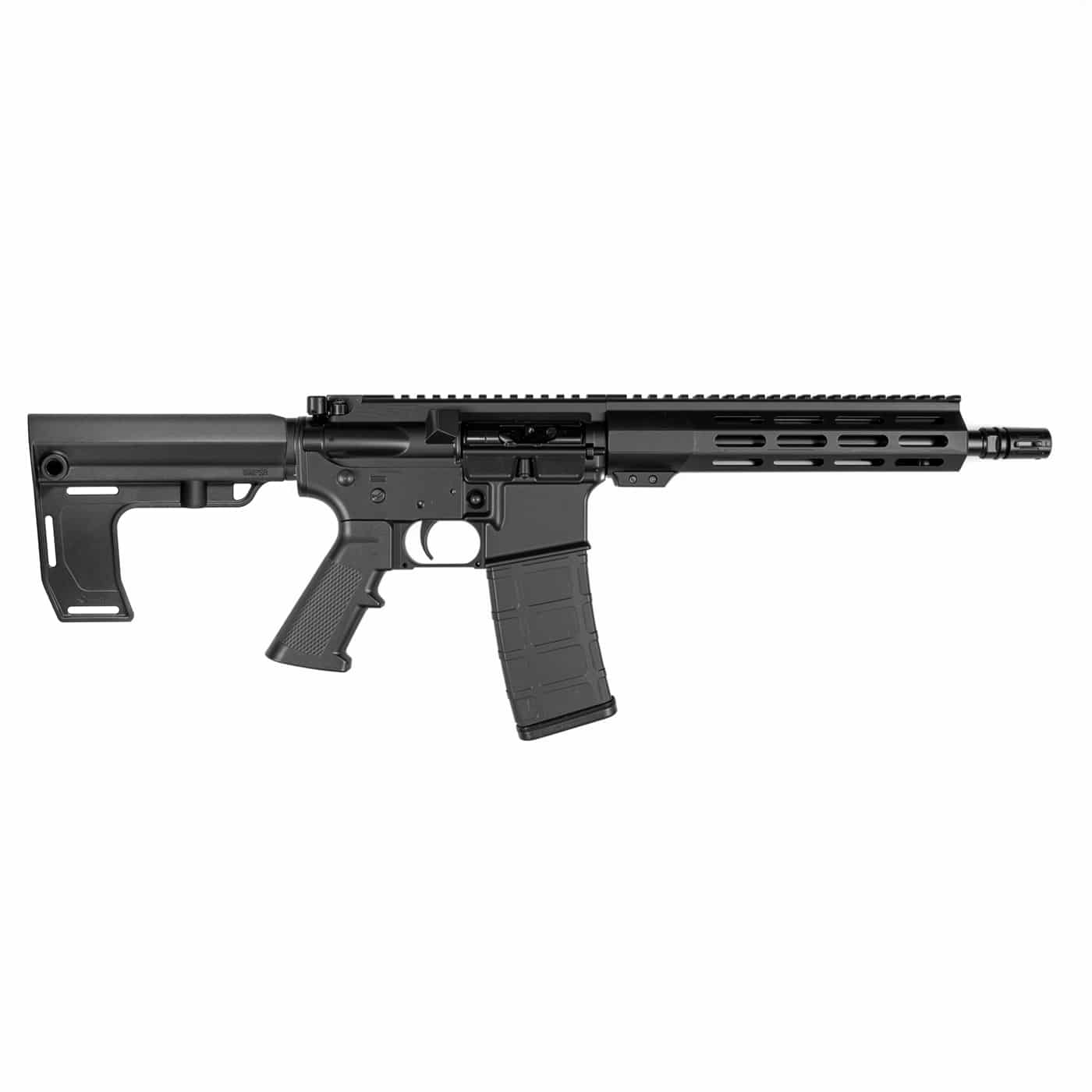 A reliable American-made black AR-style rifle featuring a modular handguard, adjustable stock, and high-capacity magazine against a white background.