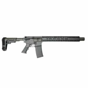 American-made black AR-style rifle featuring a modular M-LOK handguard and polymer magazine for reliable performance.