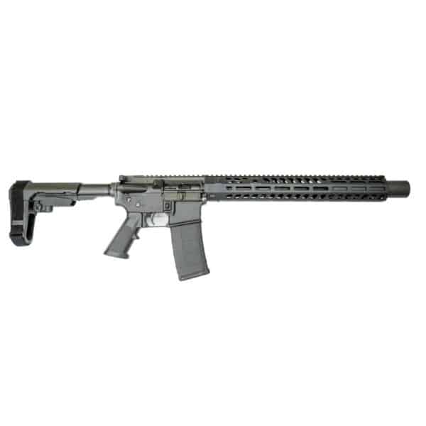 American-made black AR-style rifle featuring a modular M-LOK handguard, polymer magazine, and adjustable stabilizing brace for reliable performance.