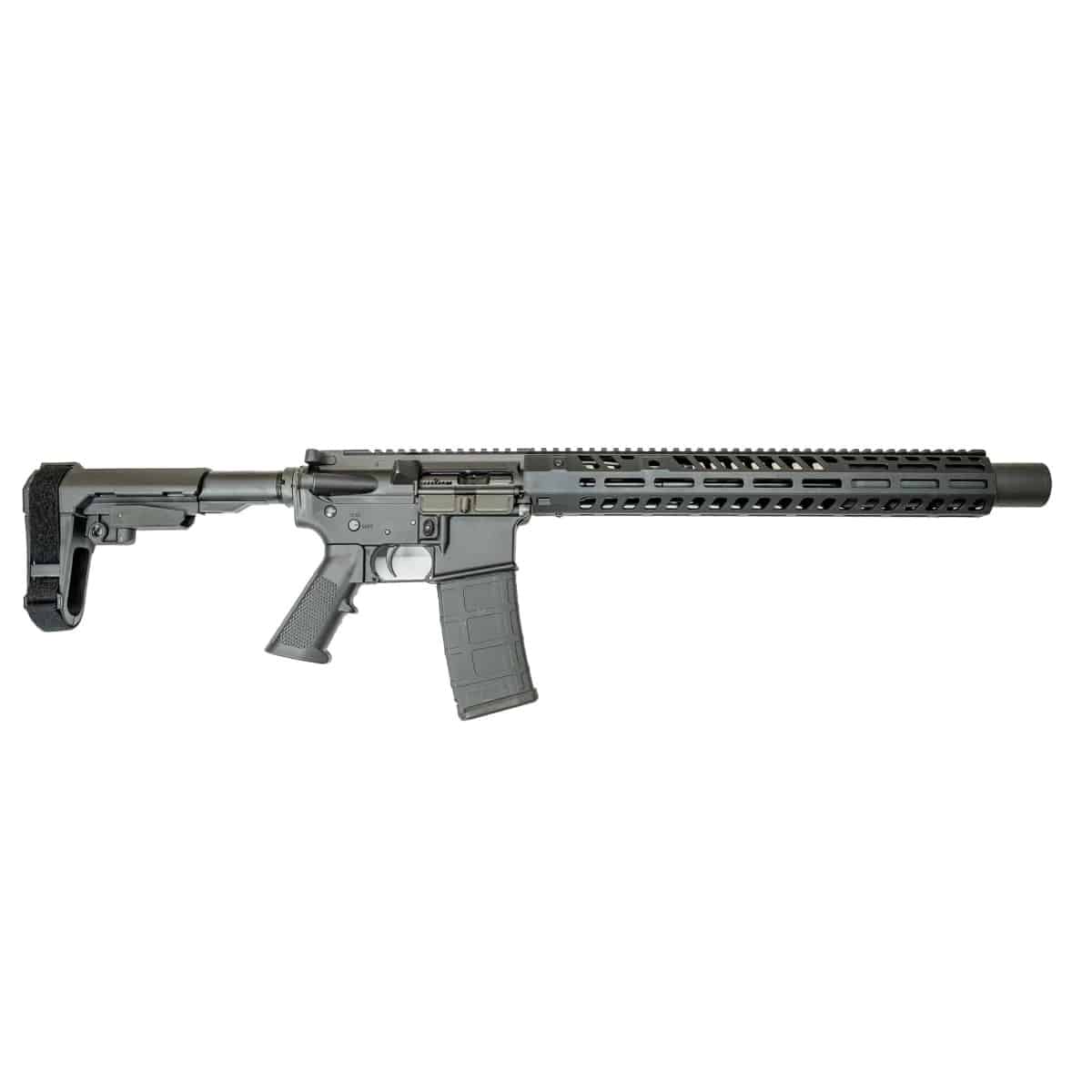 American-made black AR-style rifle featuring a modular M-LOK handguard, polymer magazine, and adjustable stabilizing brace for reliable performance.