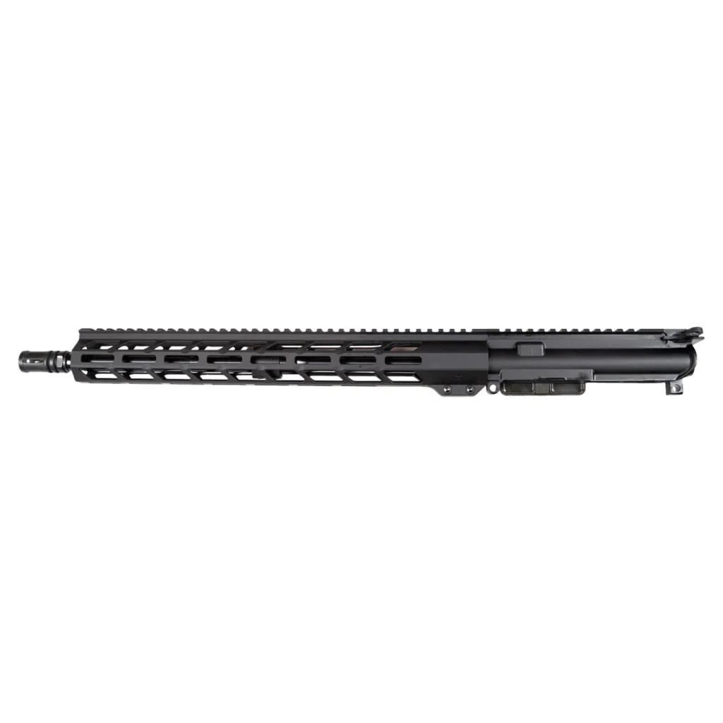 A black, American-made rifle upper receiver featuring a durable M-LOK handguard and a reliable barrel, designed for high-performance firearm builds.