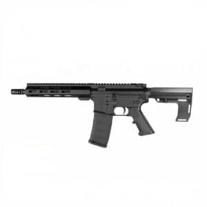 A black American-made One Horse AR-15 pistol with a modular handguard and ergonomic pistol grip, isolated on a white background.