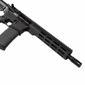 A high-quality American-made black rifle featuring a durable M-LOK handguard, tactical muzzle device, and a reliable polymer magazine on white background.
