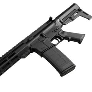 A black One Horse rifle featuring a durable polymer magazine and precision-engineered receiver, showcasing American craftsmanship.