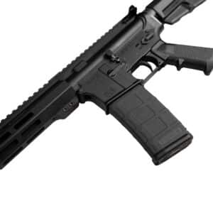 Close-up of a black One Horse OH15 rifle featuring a durable polymer magazine, precision-machined receiver, and reliable American-made construction.