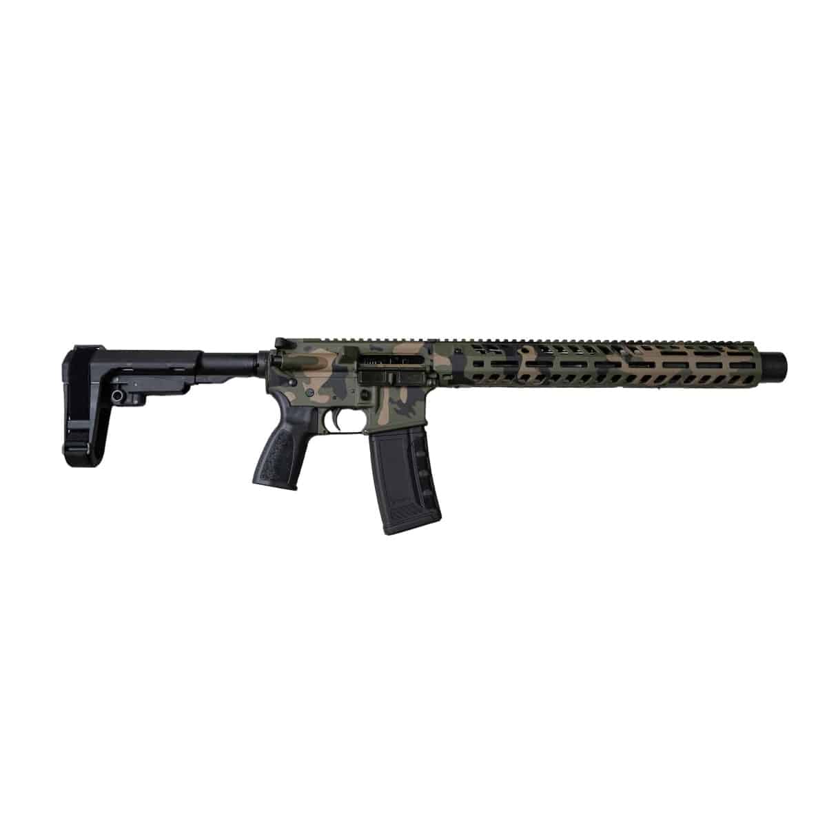 American-made AR-style pistol featuring a durable multi-cam finish, M-LOK handguard, and adjustable tactical brace for reliable performance.