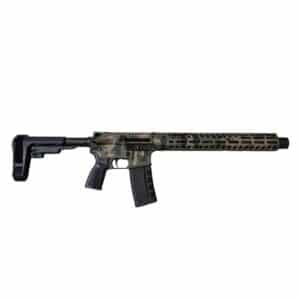American-made rifle featuring a durable woodland camouflage finish and M-LOK handguard for reliable, high-quality performance.