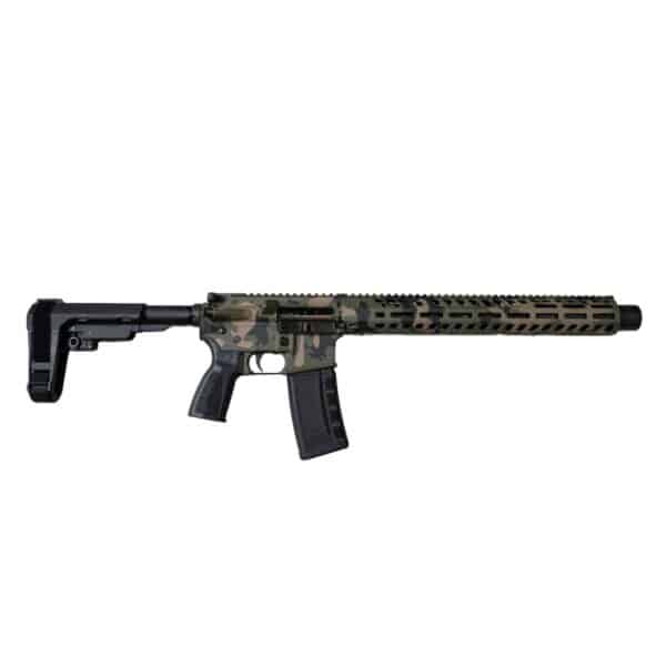 American-made rifle featuring a durable woodland camouflage finish, M-LOK handguard, and adjustable tactical brace for reliable, high-quality performance.