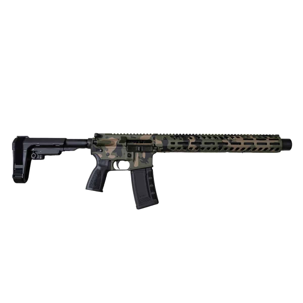 American-made rifle featuring a durable woodland camouflage finish, M-LOK handguard, and adjustable tactical brace for reliable, high-quality performance.