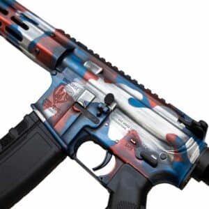 One Horse OH-15 rifle featuring a patriotic red, white, and blue distressed finish, showcasing American craftsmanship and reliable firearm design.