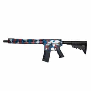 American-made One Horse rifle featuring a patriotic red, white, and blue camouflage finish, modular handguard, and reliable black polymer furniture.