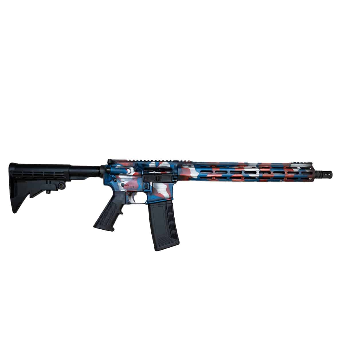 American-made rifle featuring a patriotic red, white, and blue camouflage finish, modular handguard, and reliable black polymer furniture.