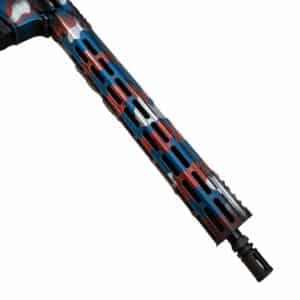 Close-up of a rifle handguard featuring a patriotic red, white, and blue camo finish, showcasing durable American craftsmanship and design.