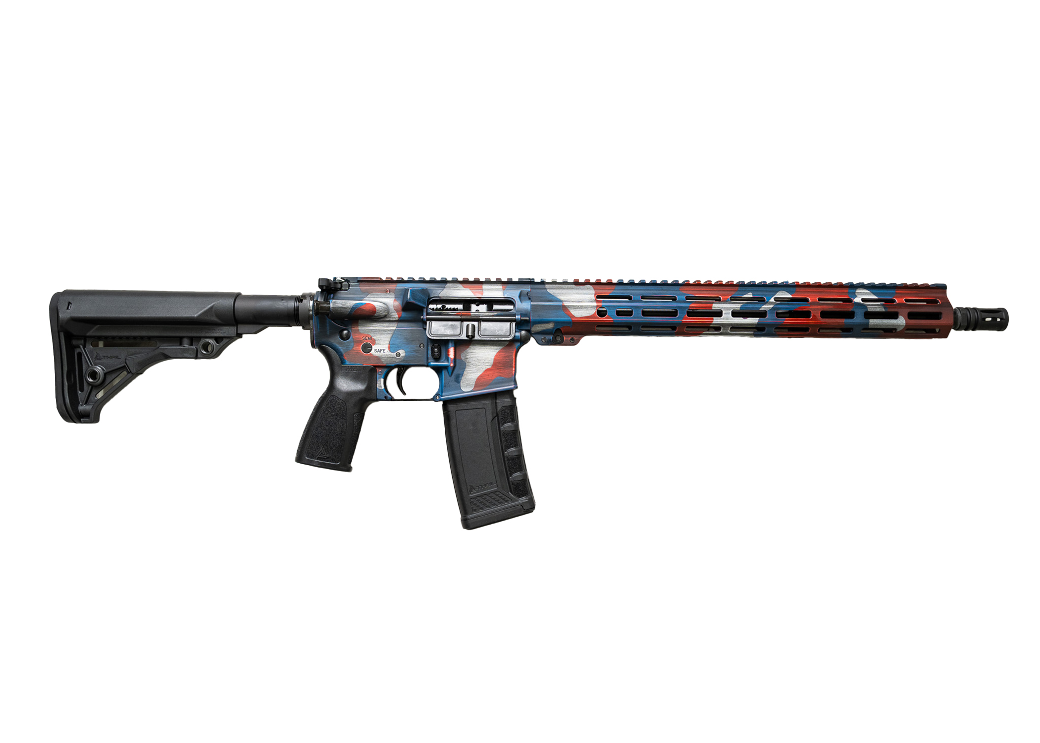 American-made rifle featuring a red, white, and blue camo design, showcasing quality craftsmanship and reliable performance.