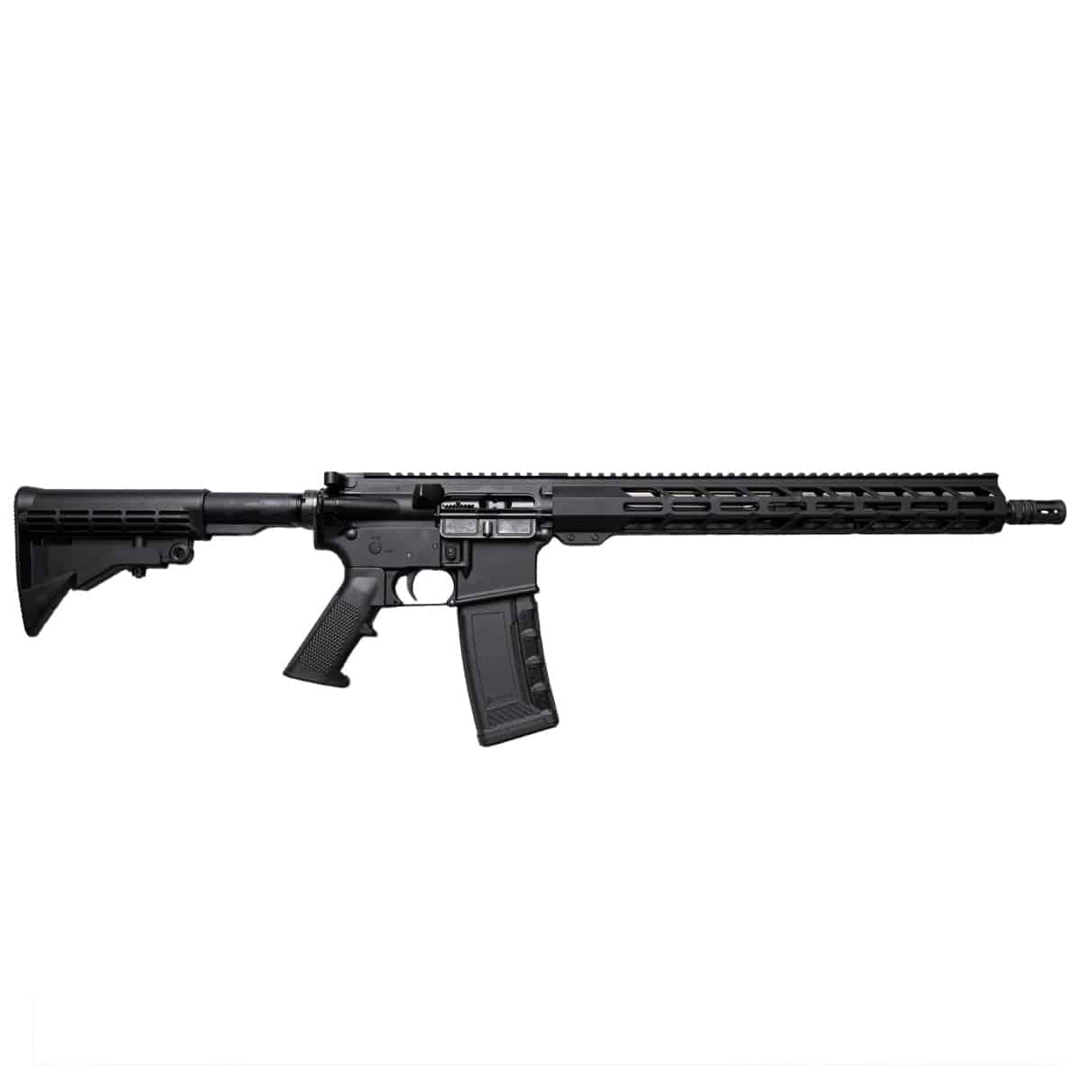 A reliable black American-made AR-15 rifle featuring a modular handguard, adjustable stock, and a high-capacity magazine against a white background.