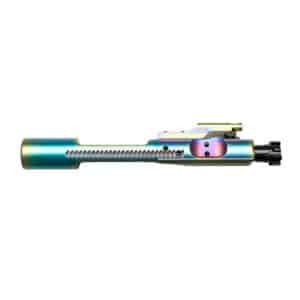 Colorful AR-15 bolt carrier group showcasing precision craftsmanship and durable materials.