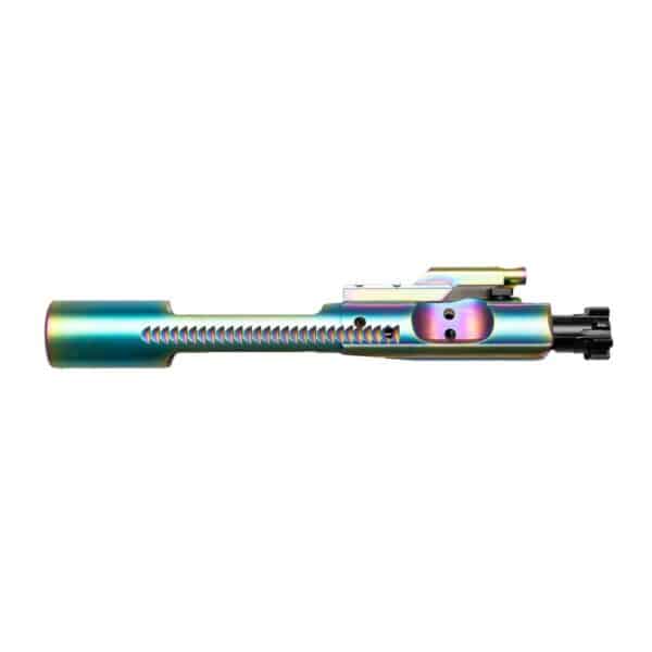 Colorful AR-15 bolt carrier group showcasing precision craftsmanship and durable materials.