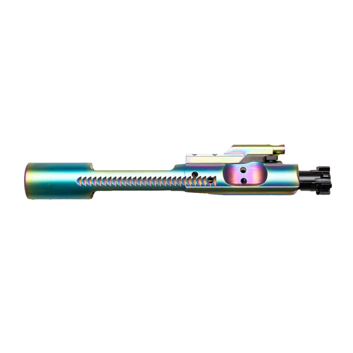 Colorful AR-15 bolt carrier group showcasing precision craftsmanship and durable materials.
