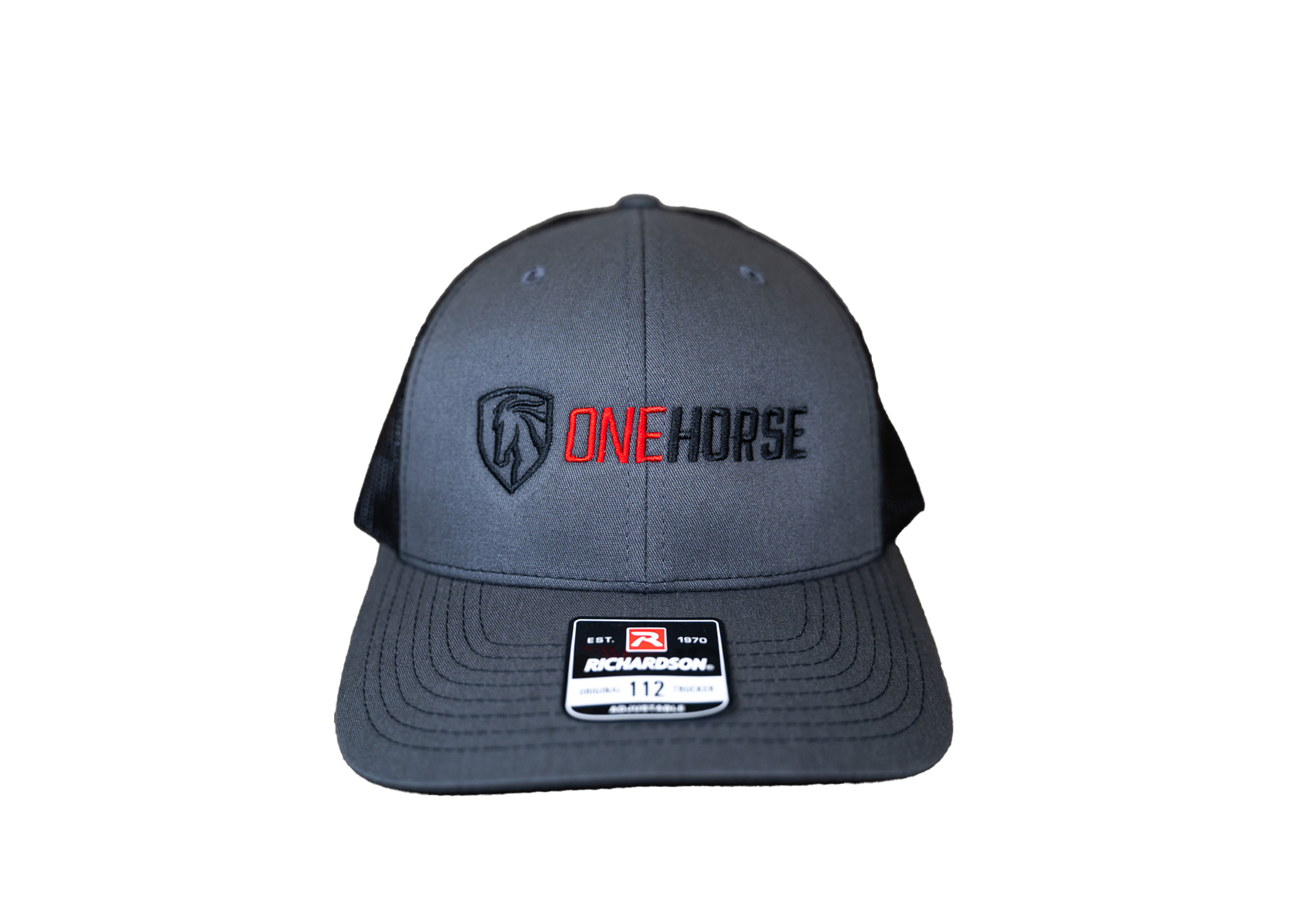 Gray Richardson cap featuring embroidered One Horse logo in red and black, ideal for firearm enthusiasts.