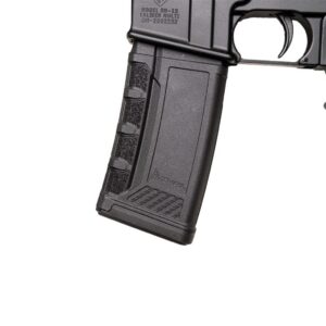 Close-up of an American-made AR-15 rifle featuring a textured grip and durable black finish, emphasizing reliability and craftsmanship.
