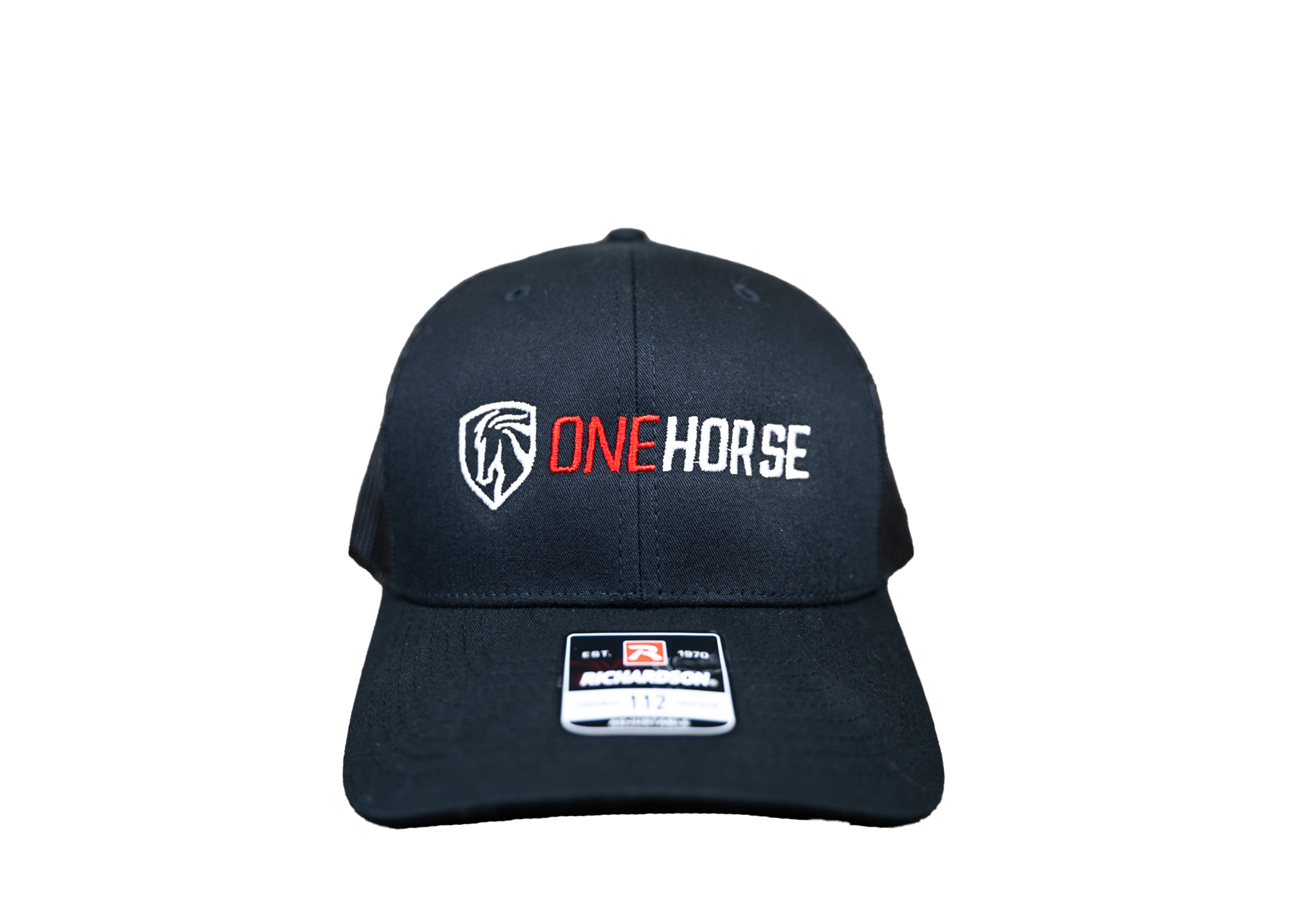 One Horse black cap featuring embroidered logo in red and white, perfect for firearm enthusiasts.
