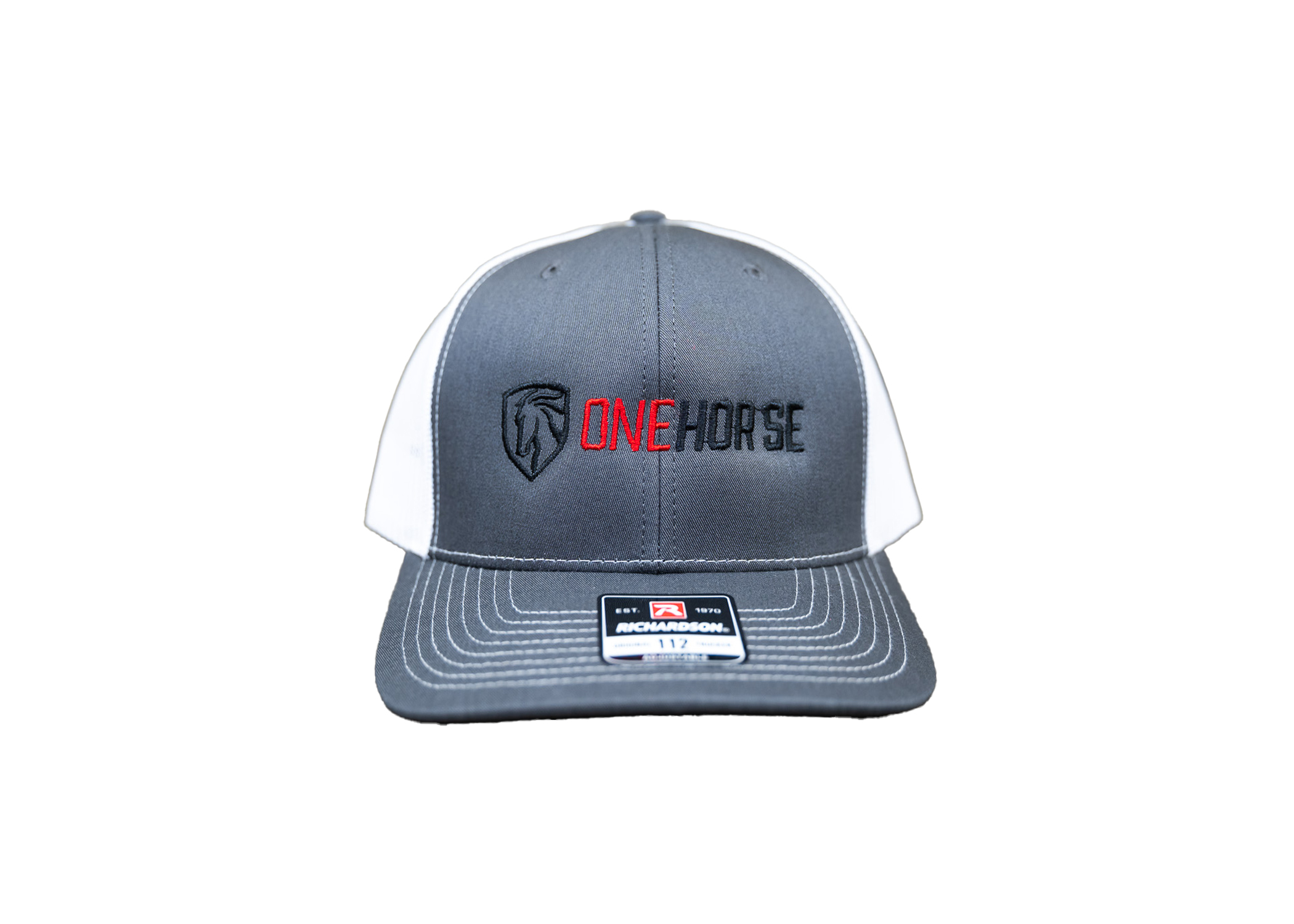 Gray and white One Horse cap featuring embroidered logo, designed for firearm enthusiasts seeking quality accessories.