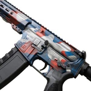 One Horse OH-15 rifle featuring a durable red, white, and blue patriotic camo finish, precision-crafted in the USA for reliable performance.