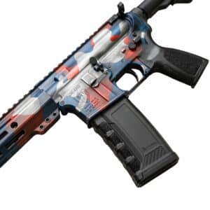 One Horse OH-15 rifle featuring a patriotic red, white, and blue camo finish, black polymer magazine, and precision American-made craftsmanship.